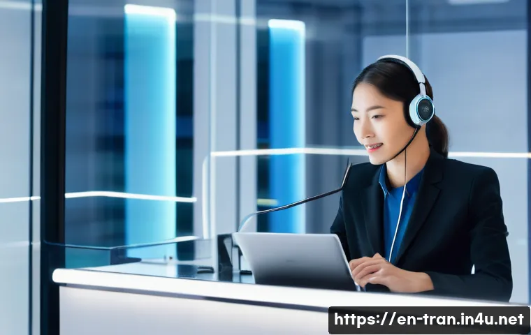 통역사 초보자를 위한 실무 입문 - A professional simultaneous interpreter in a modern conference booth, wearing a sleek headset with a...