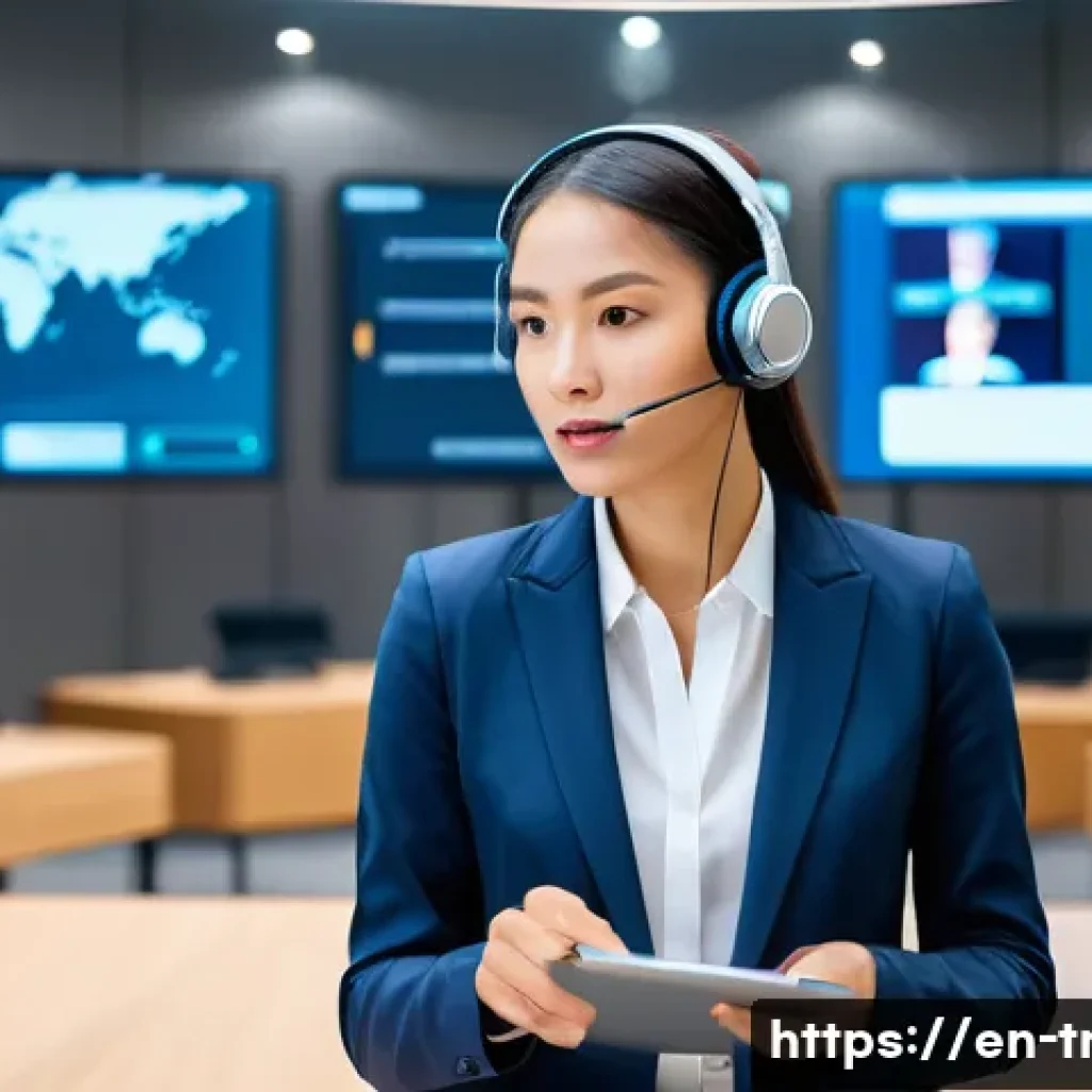 통역사 전문성을 높이는 워크샵 - A professional simultaneous interpreter in a modern conference room, wearing business attire and hea...