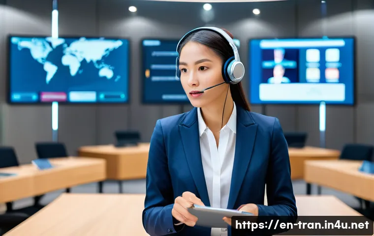 통역사 전문성을 높이는 워크샵 - A professional simultaneous interpreter in a modern conference room, wearing business attire and hea...