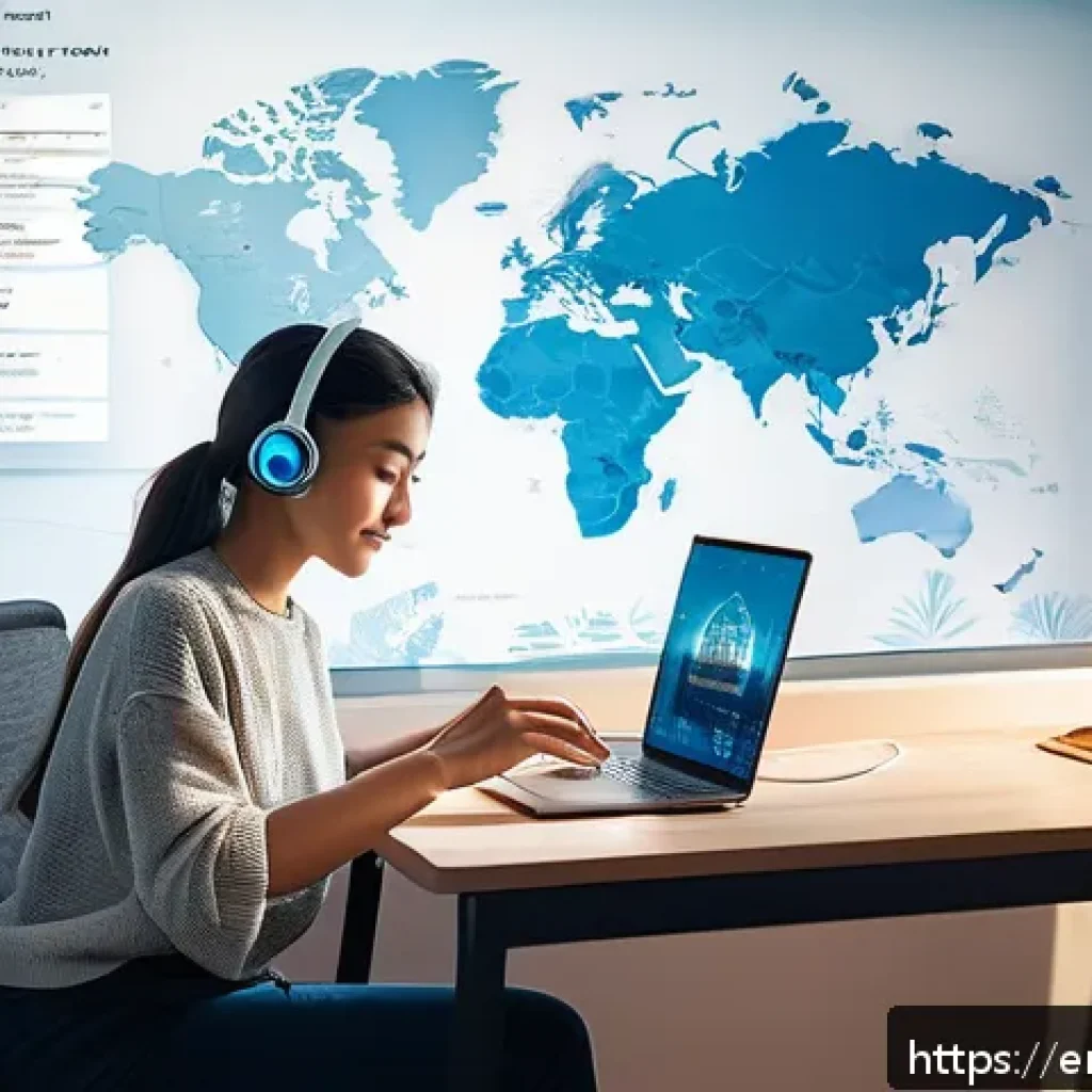 통역사 준비생의 하루 루틴 - A cozy modern home office setup featuring a young adult woman immersed in language learning: she is ...
