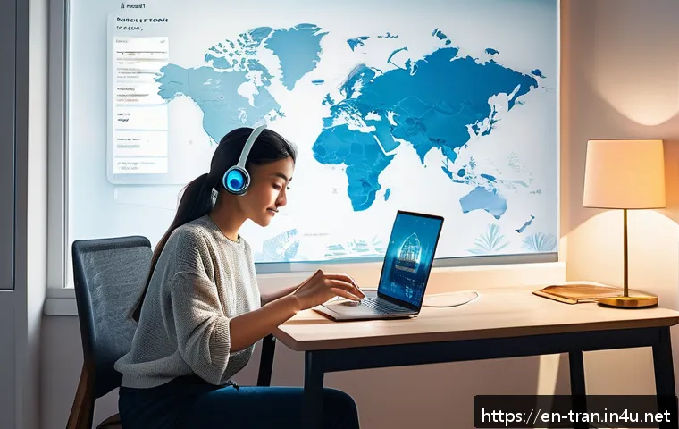 통역사 준비생의 하루 루틴 - A cozy modern home office setup featuring a young adult woman immersed in language learning: she is ...