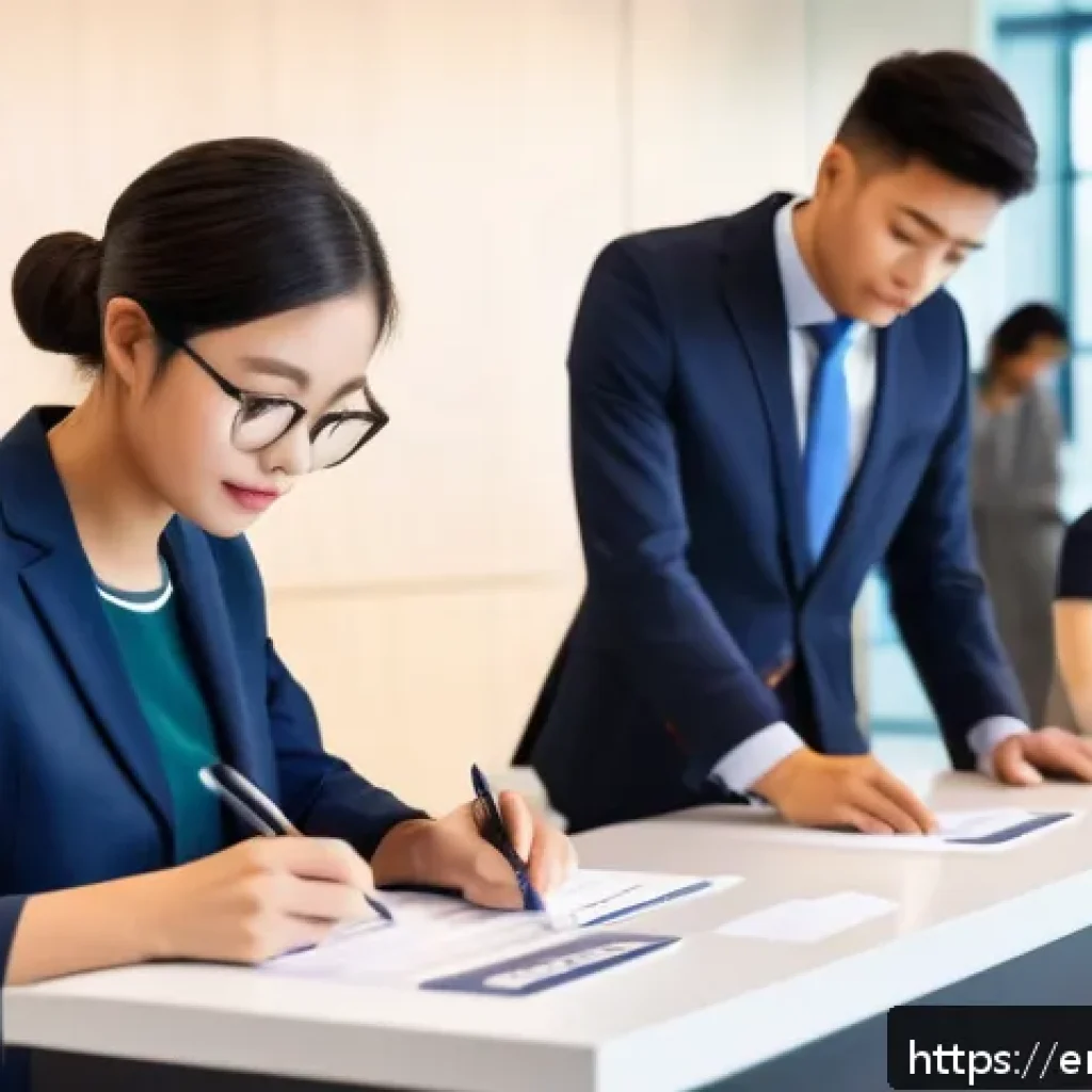 통역사 시험 응시료 정보 - A detailed, realistic scene of a professional interpreter certification exam registration desk in a ...