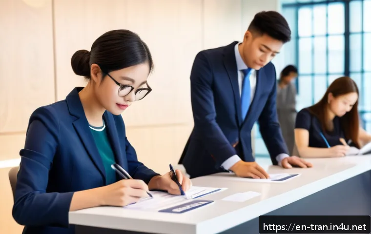 통역사 시험 응시료 정보 - A detailed, realistic scene of a professional interpreter certification exam registration desk in a ...
