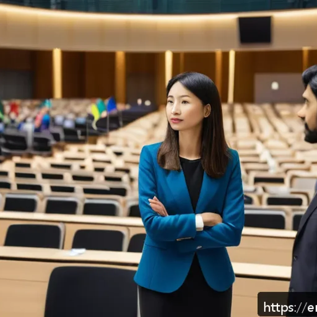 통역사로서 얻을 수 있는 장점 - A professional interpreter at an international conference, standing confidently between two delegate...