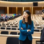 통역사로서 얻을 수 있는 장점 - A professional interpreter at an international conference, standing confidently between two delegate...