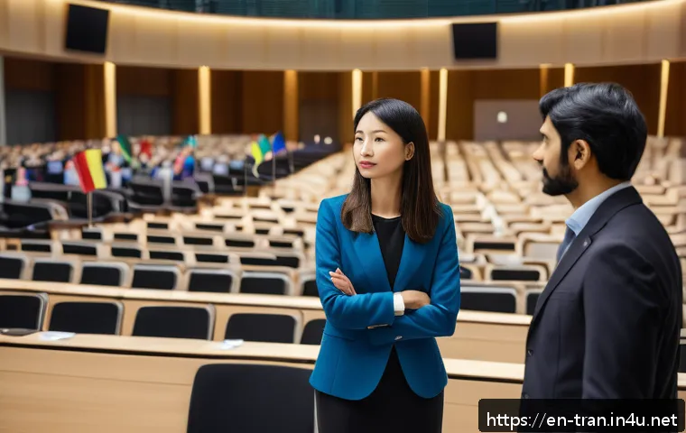 통역사로서 얻을 수 있는 장점 - A professional interpreter at an international conference, standing confidently between two delegate...