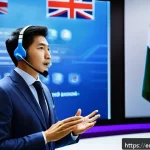 통역사와 관련된 국제 자격증 - A professional interpreter in a modern conference room, wearing business casual attire and a discree...