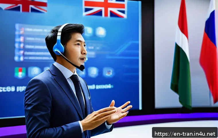 통역사와 관련된 국제 자격증 - A professional interpreter in a modern conference room, wearing business casual attire and a discree...