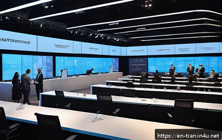 통역사로 창업하기 - A professional conference interpretation scene featuring a diverse group of interpreters working sim...
